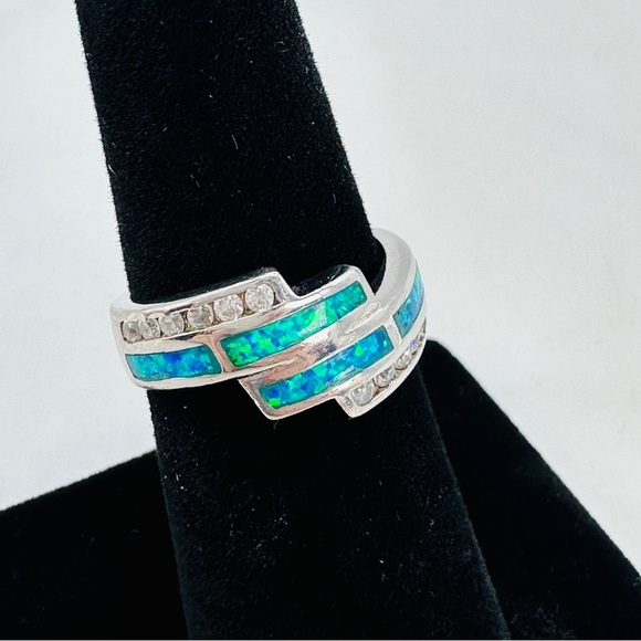 Sterling Silver Ring Created Opal CZ Accent Size 6 Crossover Blue Green 925 Mark - Picture 2 of 11